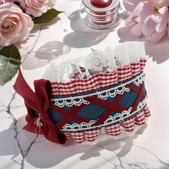 Denim Headband Womens Lolita Lace Cherry Bowknot Cosplay Hair Accessory main image 7